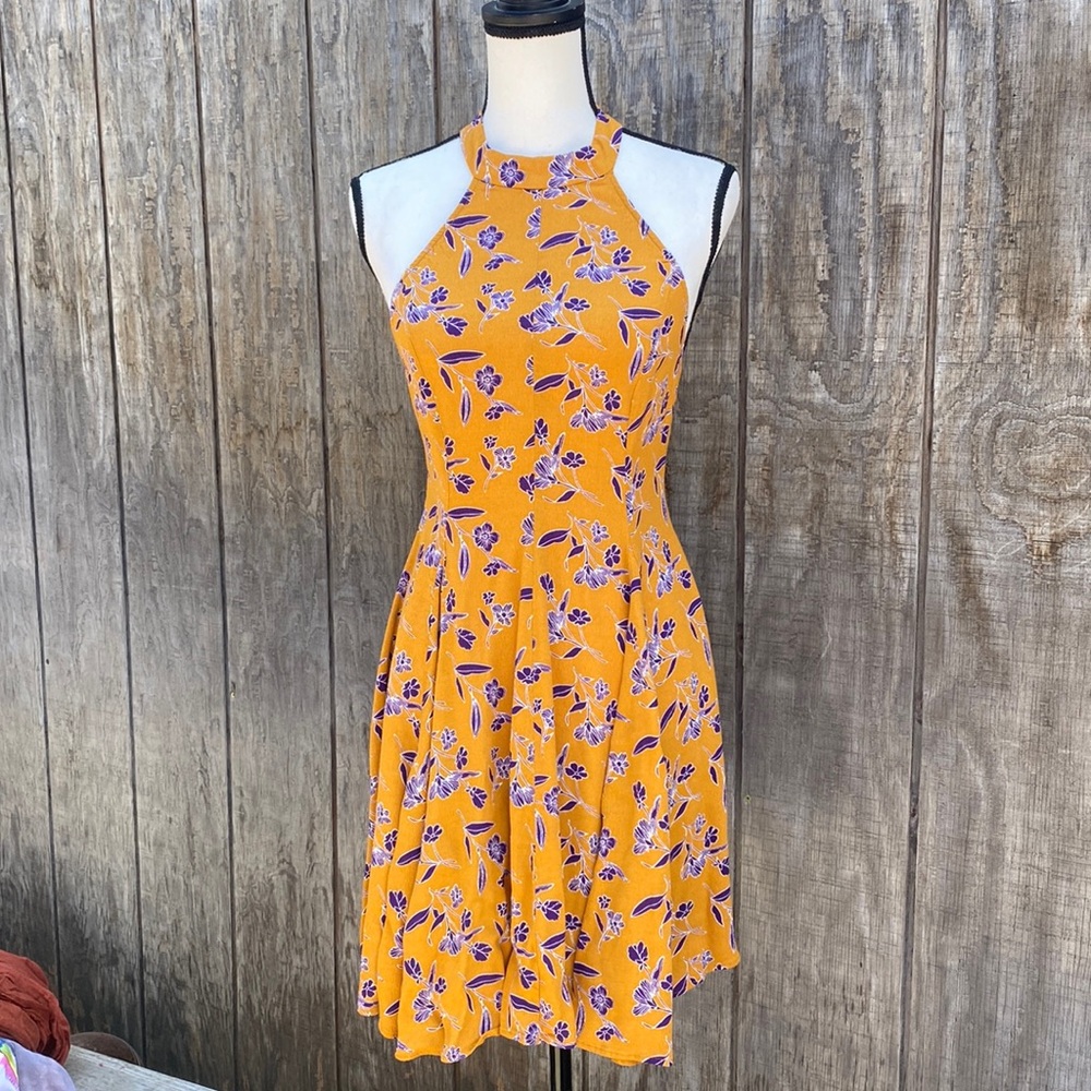 Urban Outfitters Kimchi Blue Mustard Yellow Floral Mock Neck Mini Dress Size S